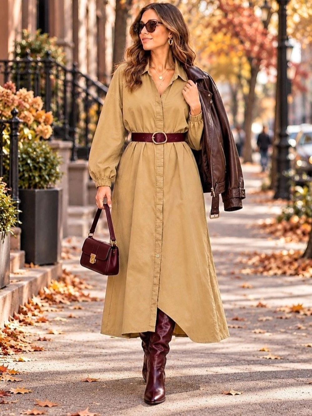 Gap Long Sleeve Poplin Midi Shirt Dress Brown XL